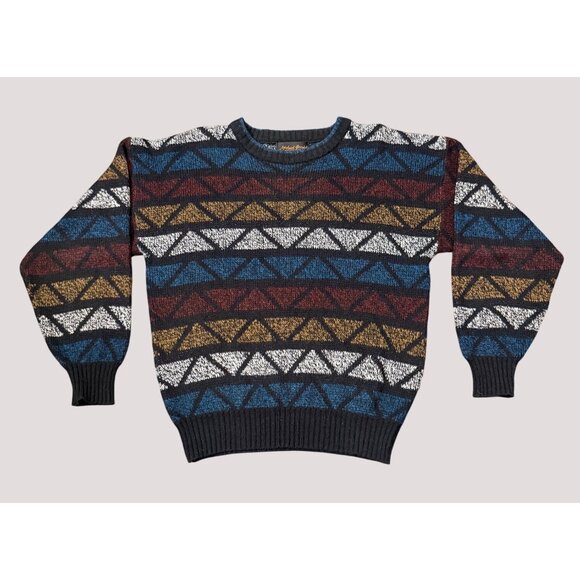 Vintage 80s 90s Knit Sweater Geometric Pattern Acrylic Abstract Triangle Gerald - Picture 1 of 8